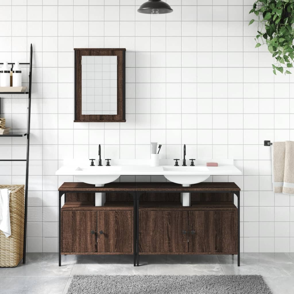 Set Mobilier De Baie, 3 Piese, Stejar Maro, Lemn Prelucrat