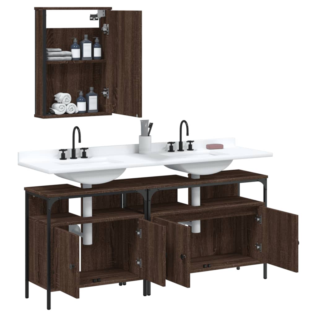 Set Mobilier De Baie, 3 Piese, Stejar Maro, Lemn Prelucrat