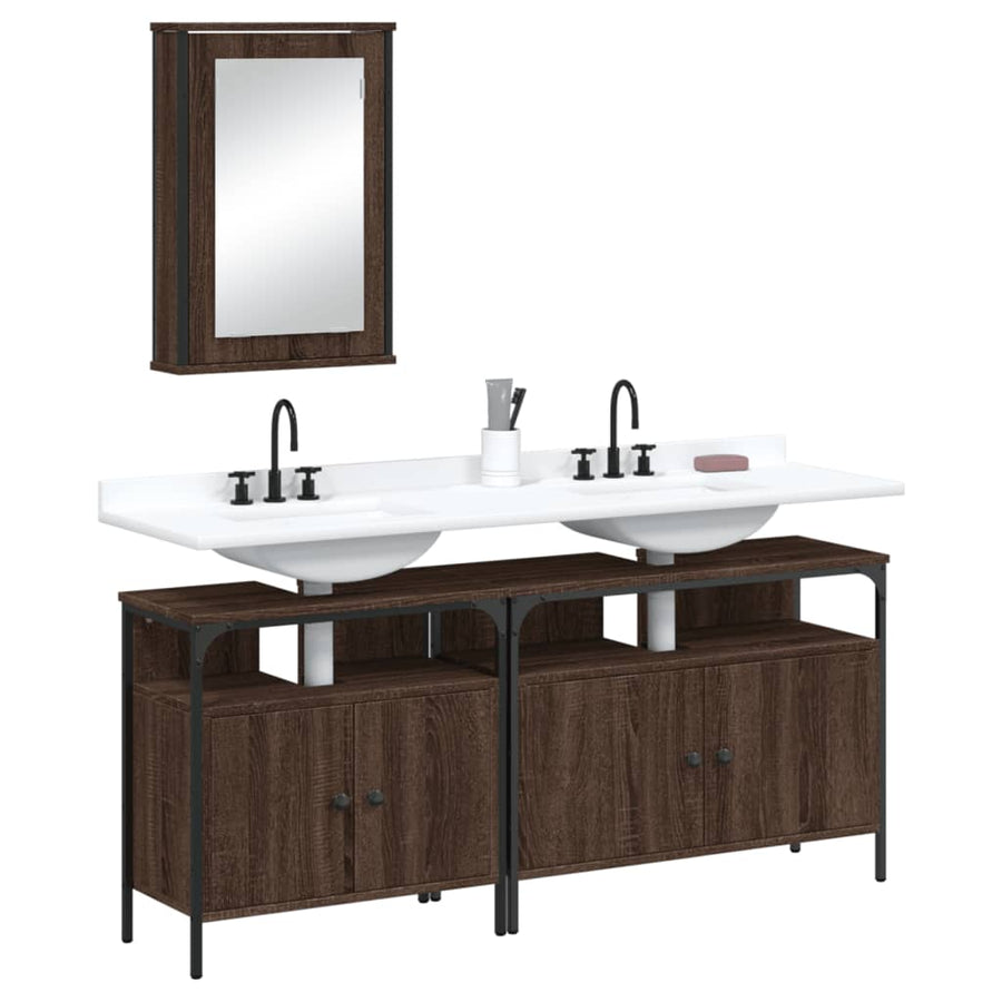 Set Mobilier De Baie, 3 Piese, Stejar Maro, Lemn Prelucrat