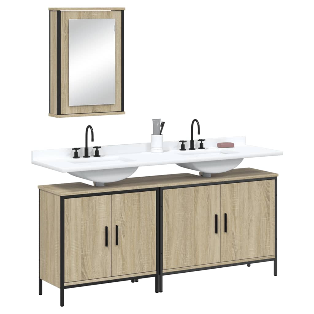 Set Mobilier De Baie, 3 Piese, Stejar Maro, Lemn Prelucrat