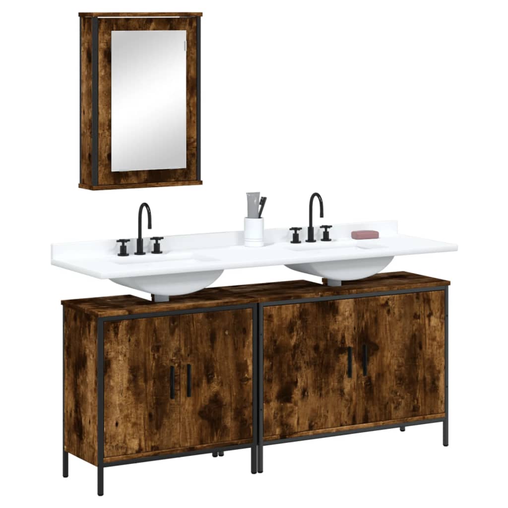 Set Mobilier De Baie, 3 Piese, Stejar Maro, Lemn Prelucrat