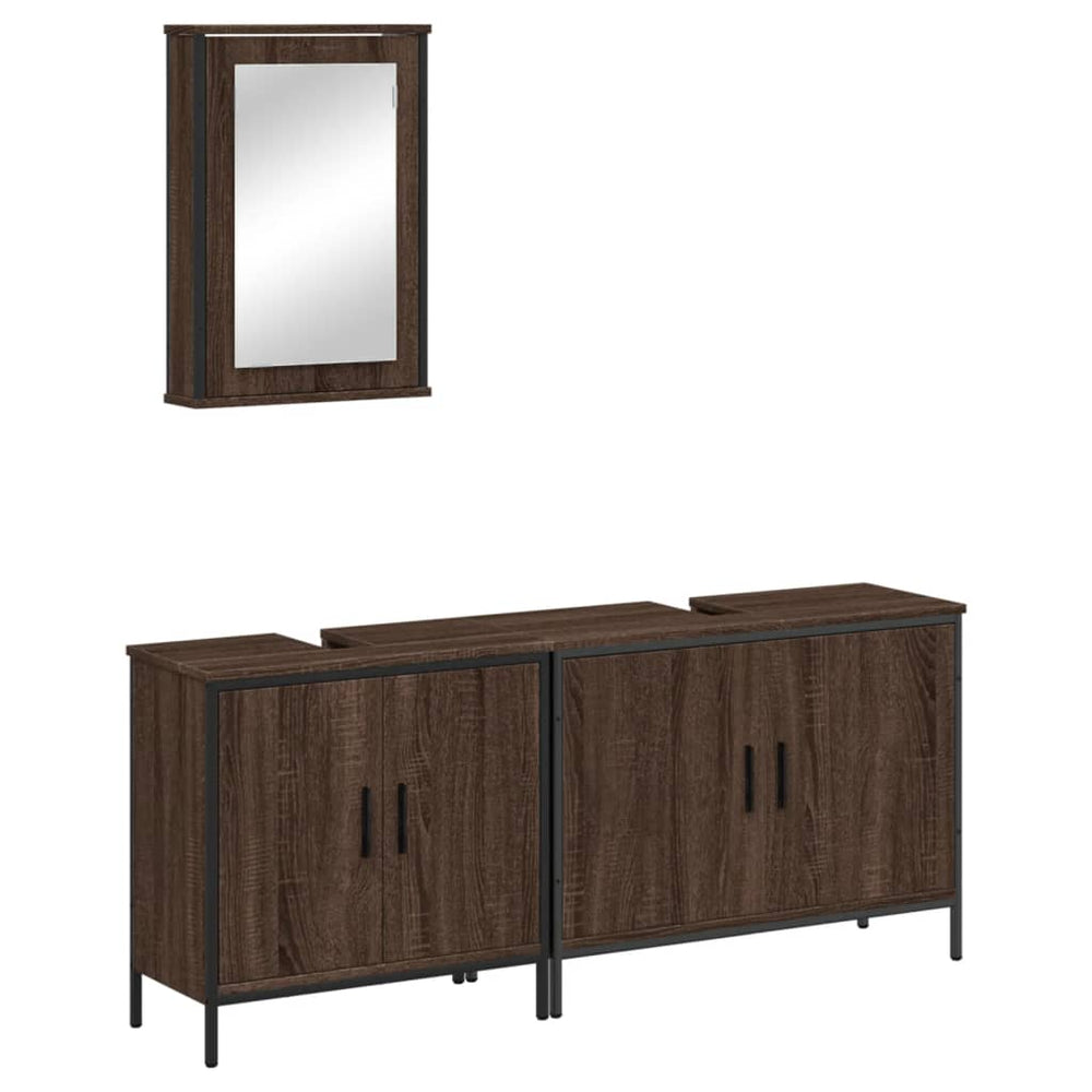 Set Mobilier De Baie, 3 Piese, Stejar Maro, Lemn Prelucrat
