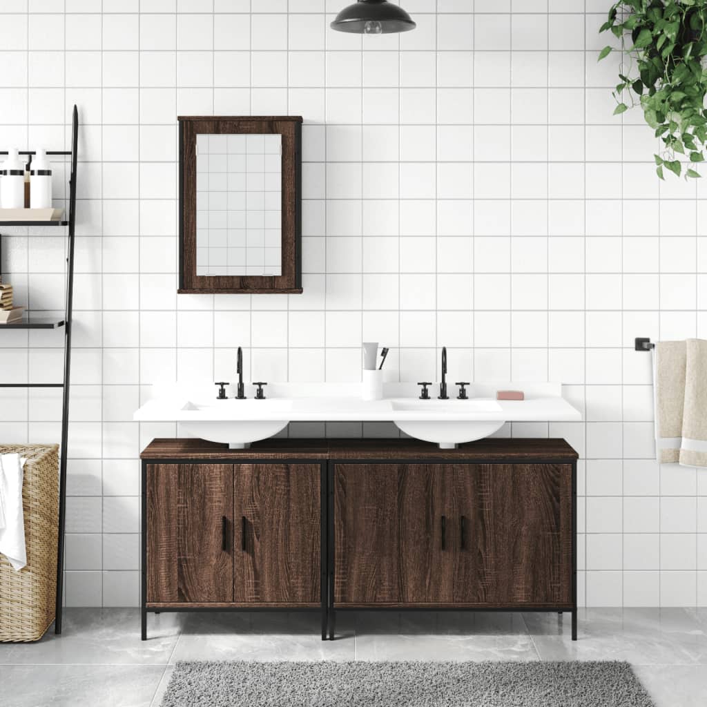 Set Mobilier De Baie, 3 Piese, Stejar Maro, Lemn Prelucrat