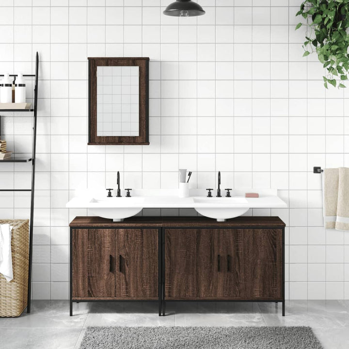 Set Mobilier De Baie, 3 Piese, Stejar Maro, Lemn Prelucrat