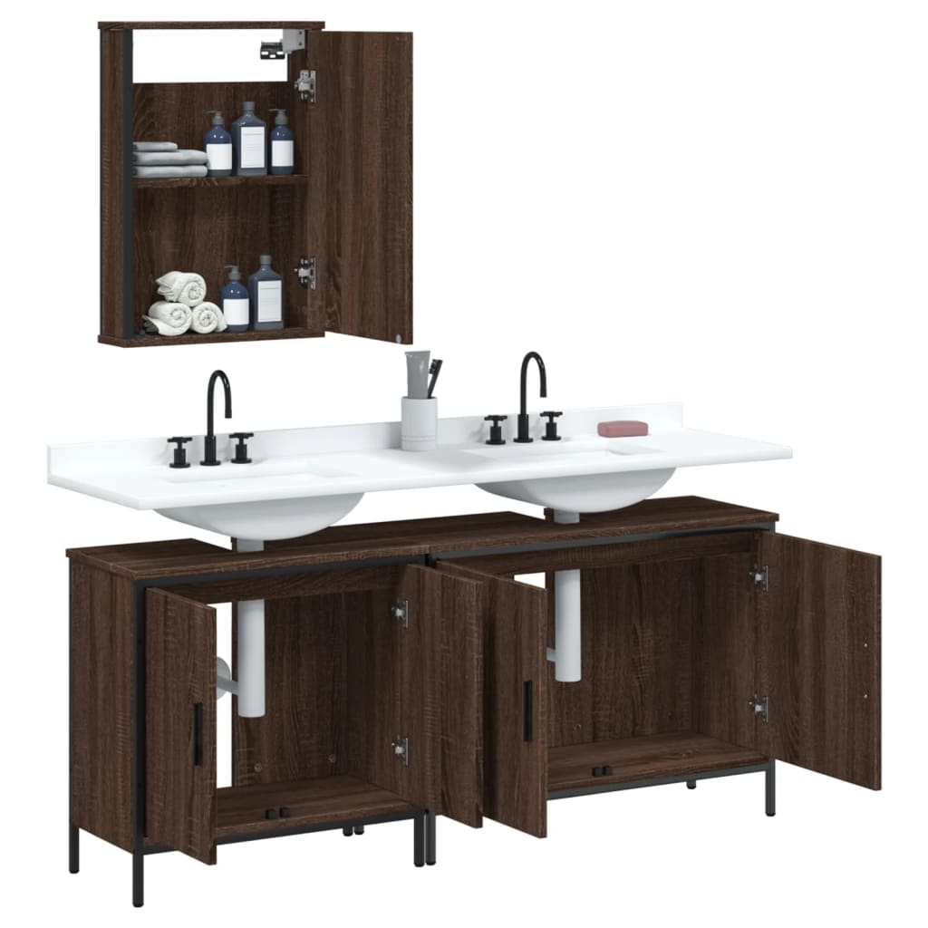 Set Mobilier De Baie, 3 Piese, Stejar Maro, Lemn Prelucrat