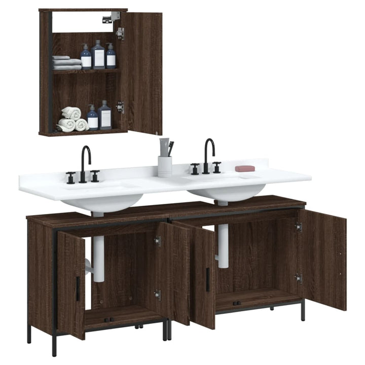 Set Mobilier De Baie, 3 Piese, Stejar Maro, Lemn Prelucrat