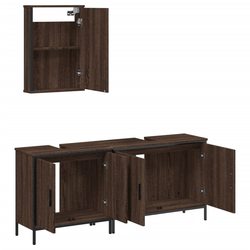Set Mobilier De Baie, 3 Piese, Stejar Maro, Lemn Prelucrat