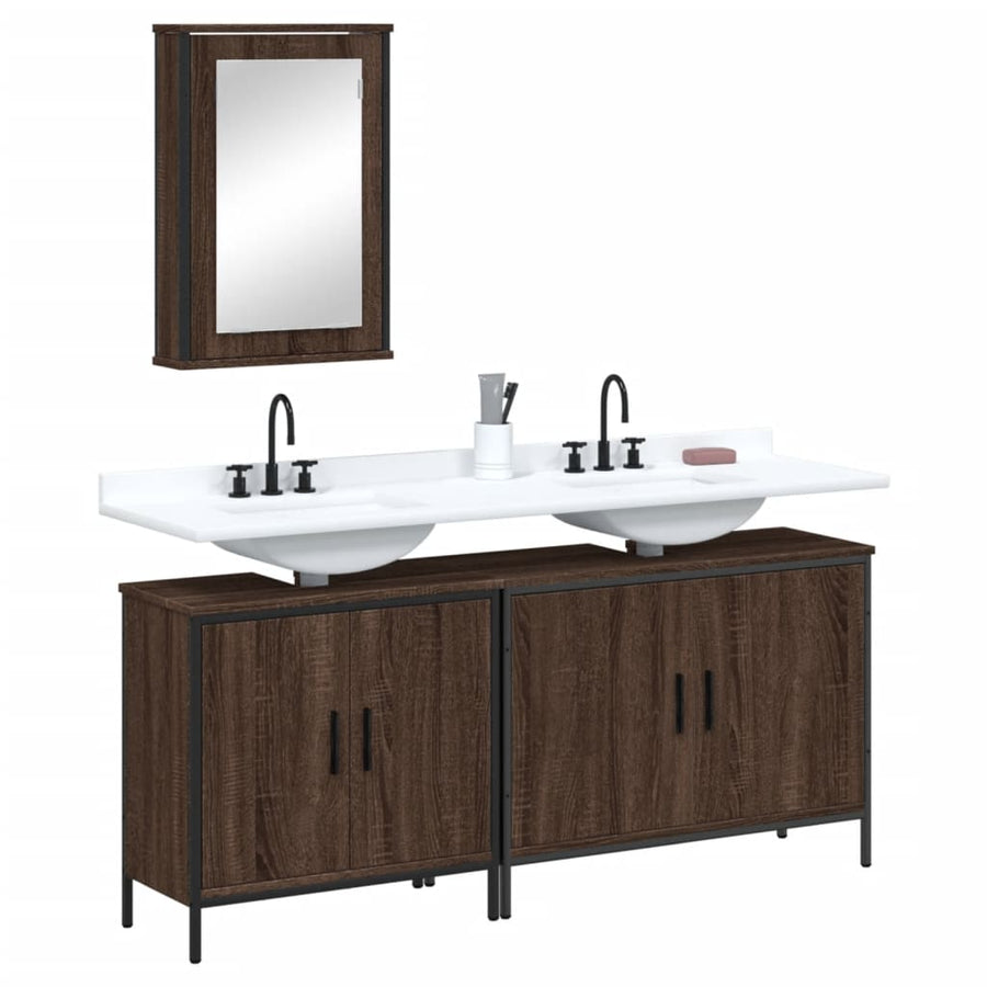 Set Mobilier De Baie, 3 Piese, Stejar Maro, Lemn Prelucrat