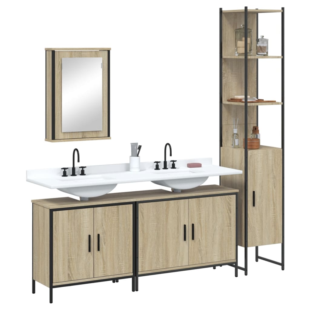 Set Mobilier De Baie, 4 Piese, Stejar Fumuriu, Lemn Prelucrat