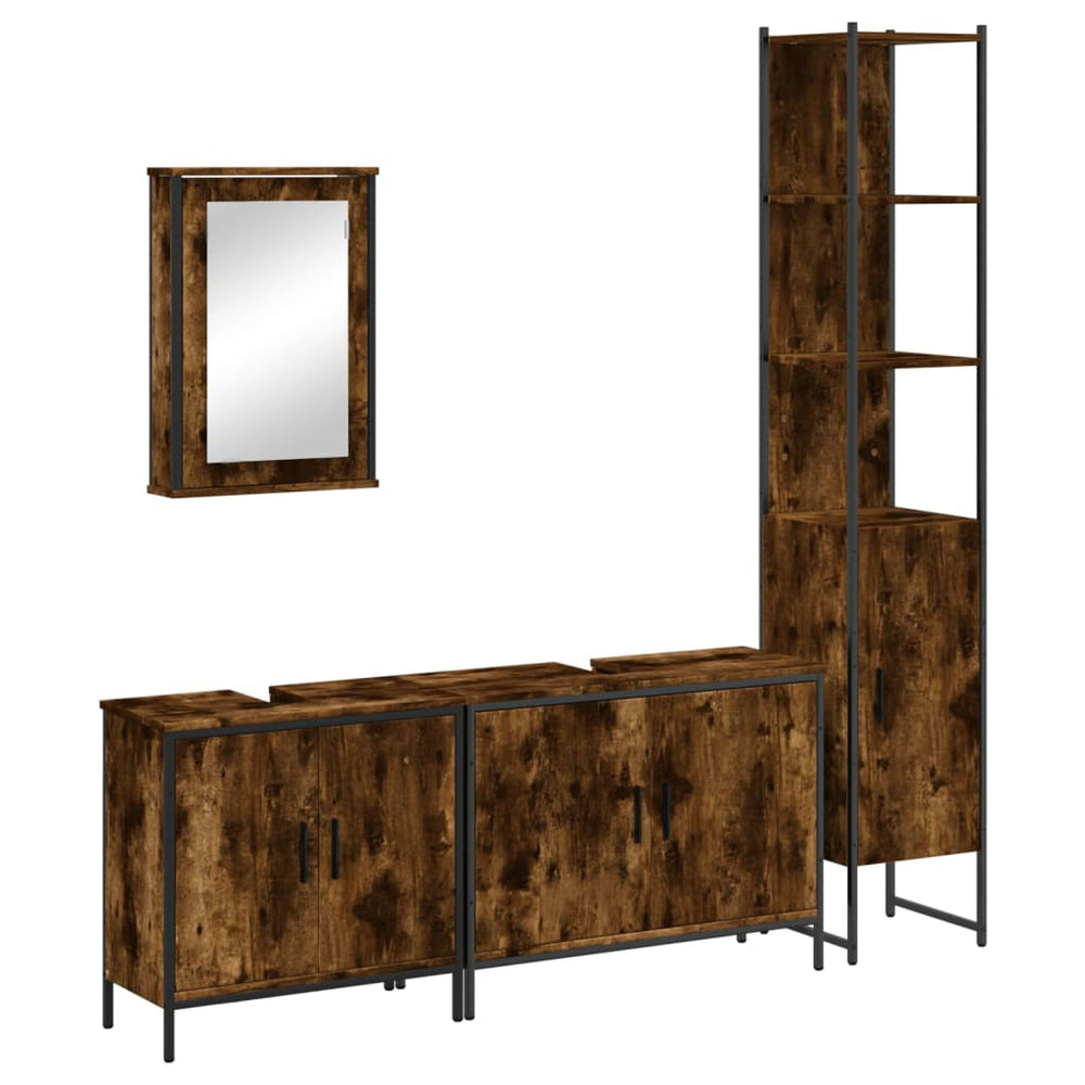 Set Mobilier De Baie, 4 Piese, Stejar Fumuriu, Lemn Prelucrat