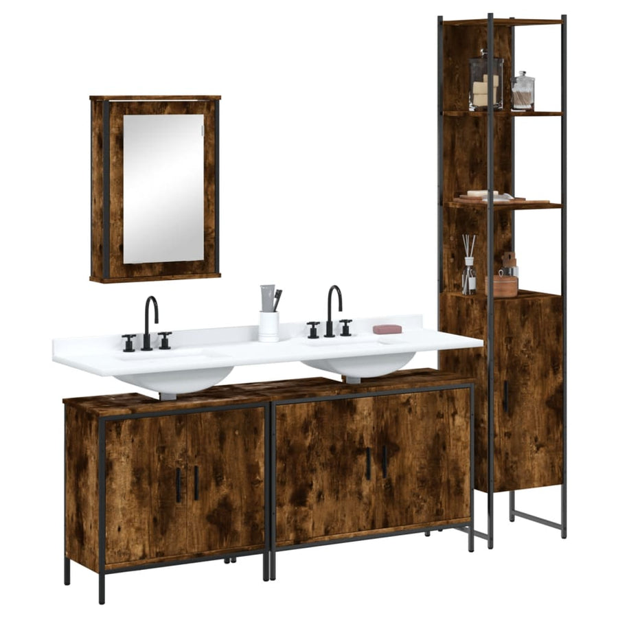 Set Mobilier De Baie, 4 Piese, Stejar Fumuriu, Lemn Prelucrat