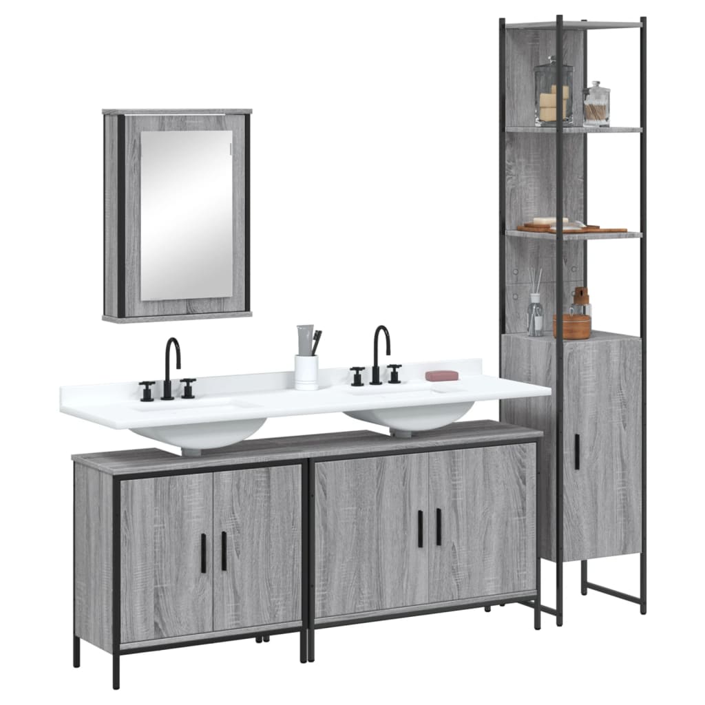 Set Mobilier De Baie, 4 Piese, Stejar Fumuriu, Lemn Prelucrat