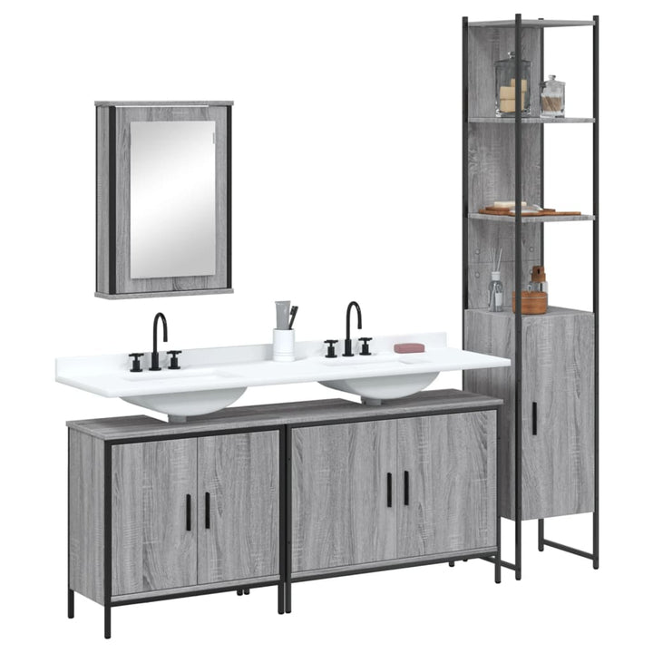 Set Mobilier De Baie, 4 Piese, Stejar Fumuriu, Lemn Prelucrat