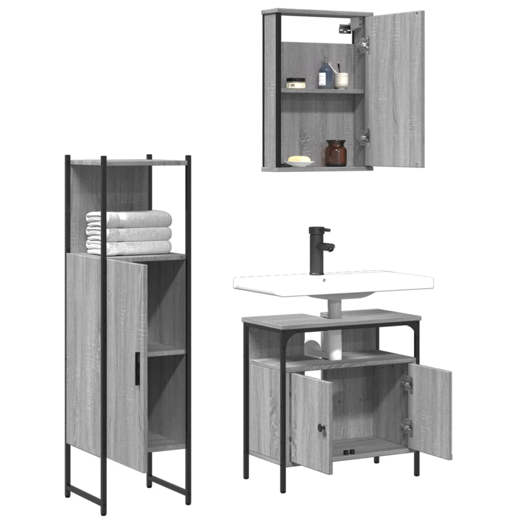 Set Mobilier De Baie, 3 Piese, Gri Sonoma, Lemn Prelucrat