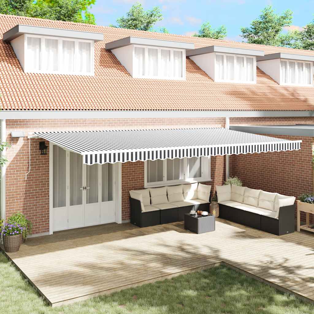 Copertină Retractabilă Manual Cu Led, Albastru/Alb,