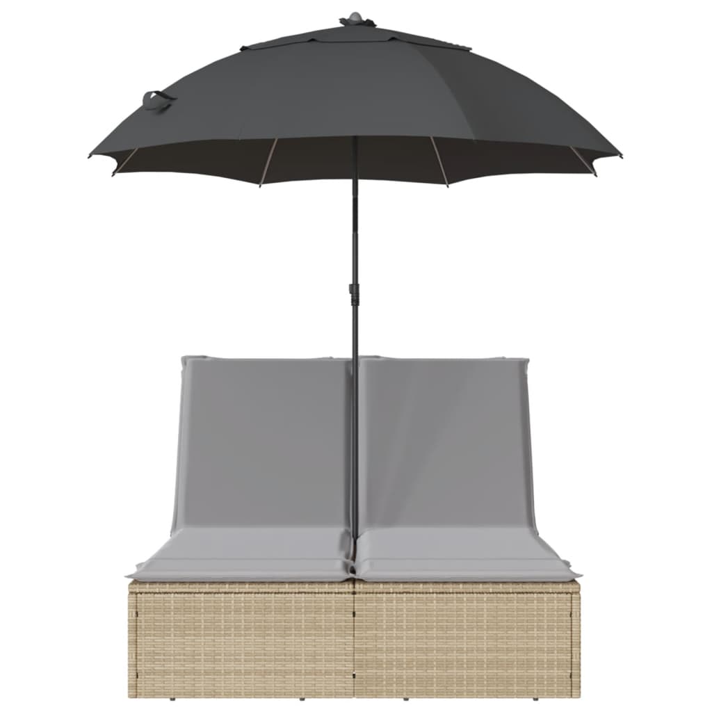 Șezlong Dublu Cu Perne/Umbrelă De Soare, Bej, Poliratan