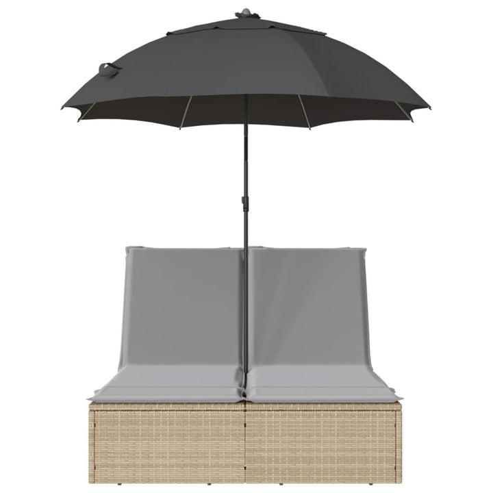 Șezlong Dublu Cu Perne/Umbrelă De Soare, Bej, Poliratan