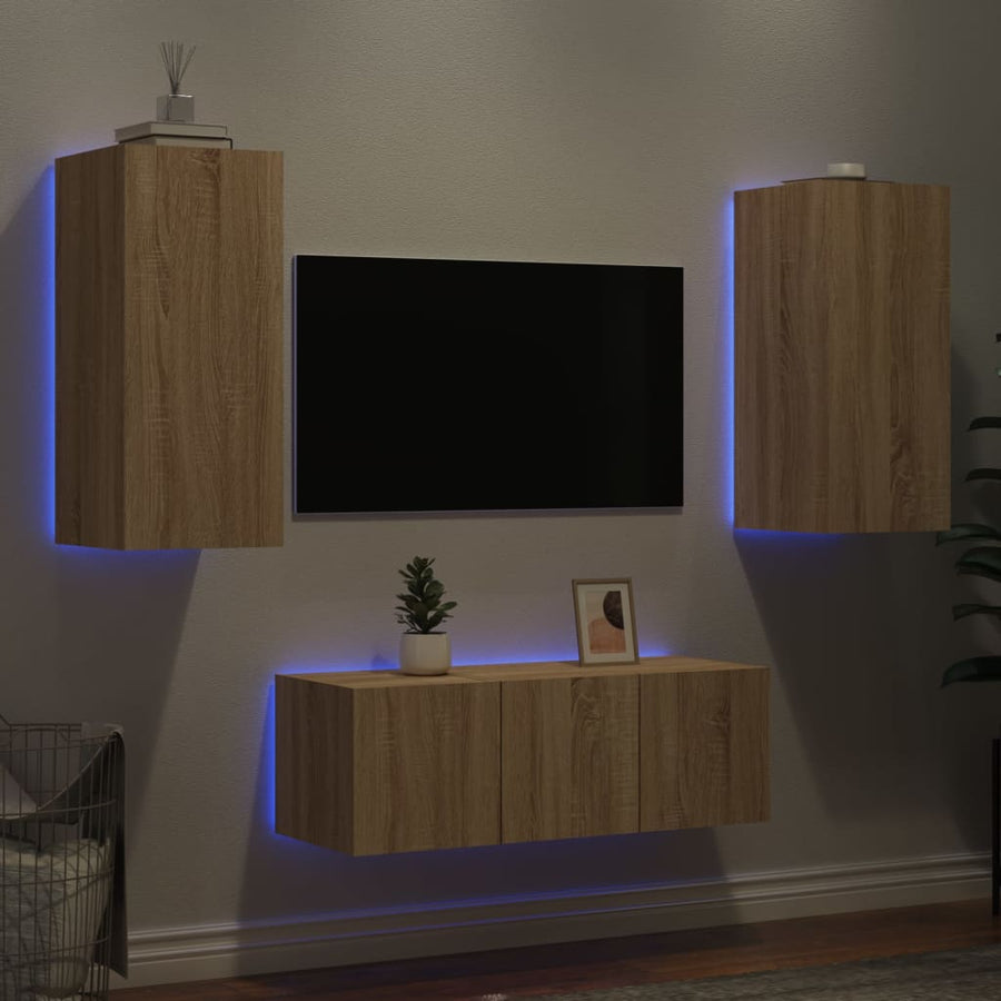 Unități De Perete Tv Cu Led-Uri, 4 Piese, , Lemn