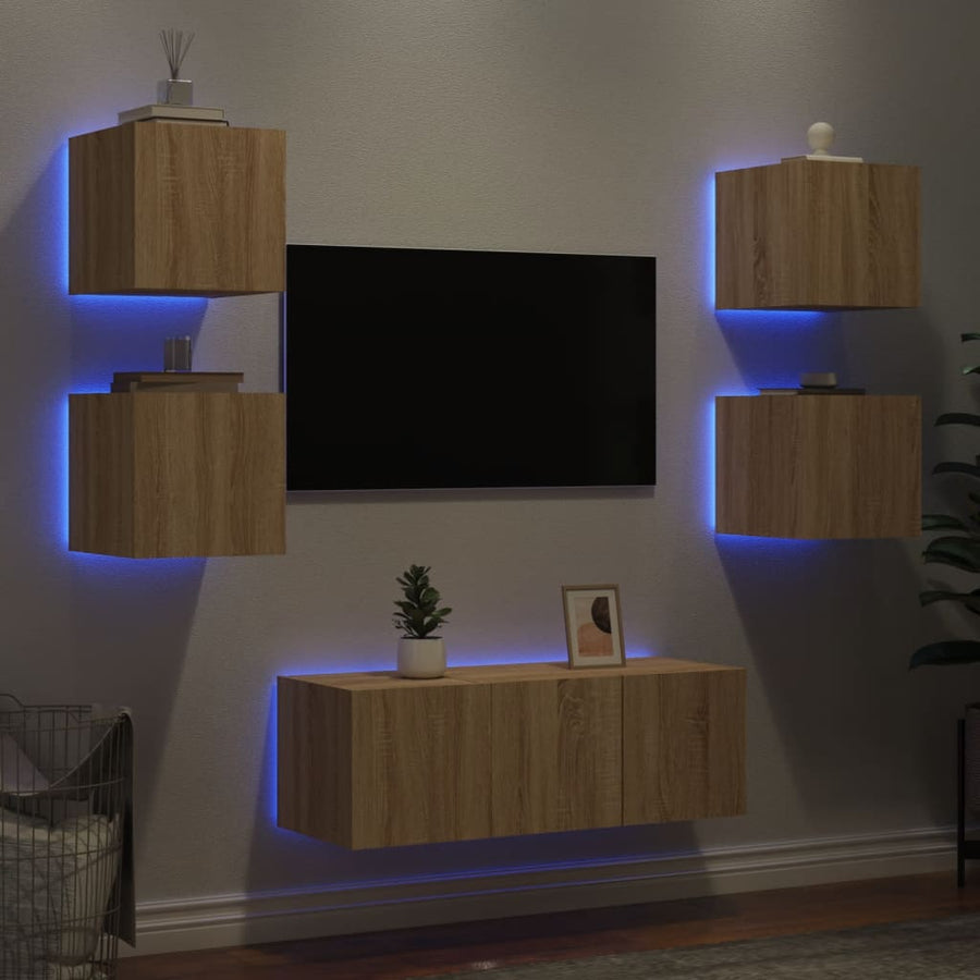 Unități De Perete Tv Cu Led-Uri, 6 Piese, , Lemn