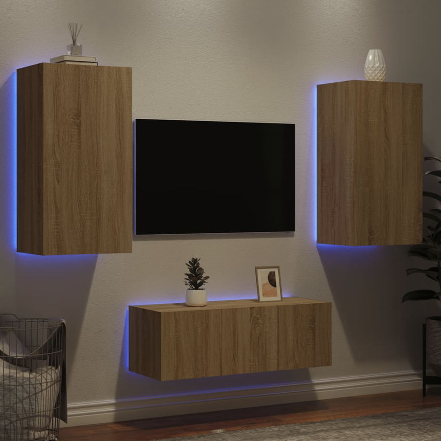 Unități De Perete Tv Cu Led-Uri, 4 Piese, , Lemn