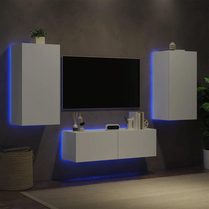 Comode Tv De Perete Cu Lumini Led, 3 Piese, Stejar Maro