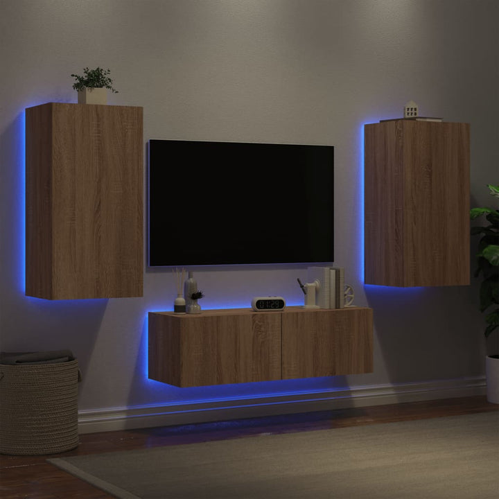 Comode Tv De Perete Cu Lumini Led, 3 Piese, Stejar Maro