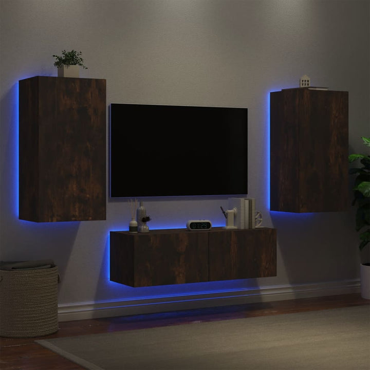 Comode Tv De Perete Cu Lumini Led, 3 Piese, Stejar Maro