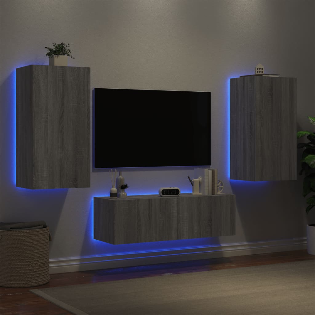 Comode Tv De Perete Cu Lumini Led, 3 Piese, Stejar Maro
