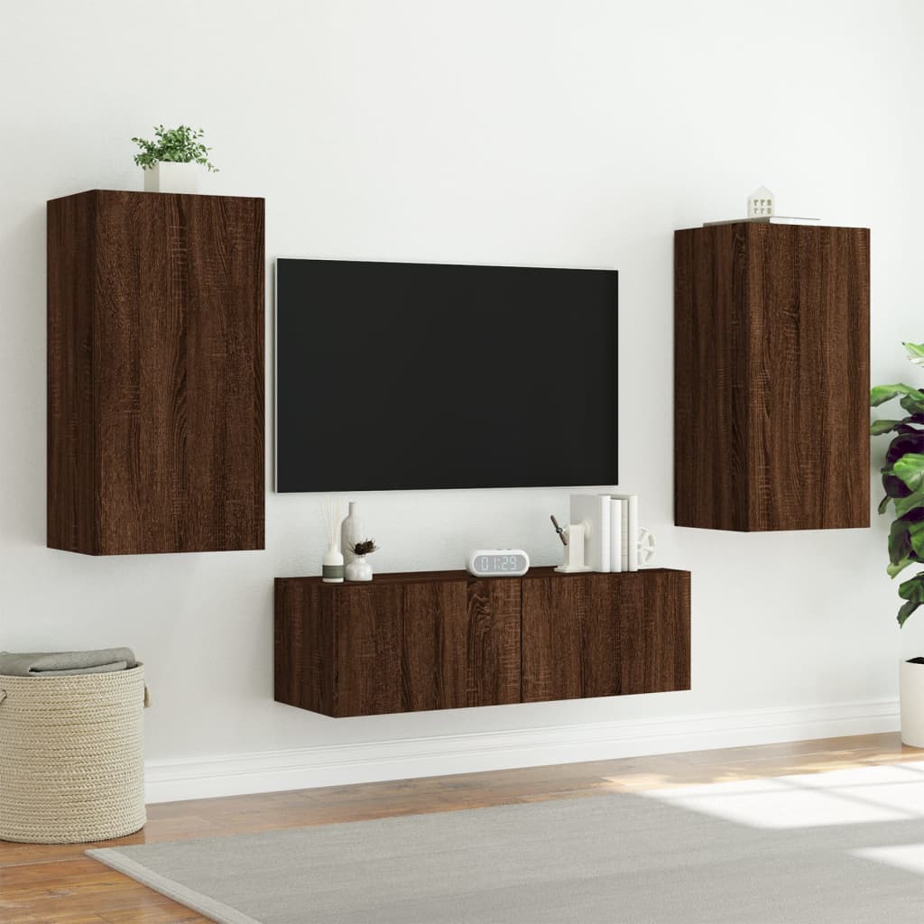 Comode Tv De Perete Cu Lumini Led, 3 Piese, Stejar Maro