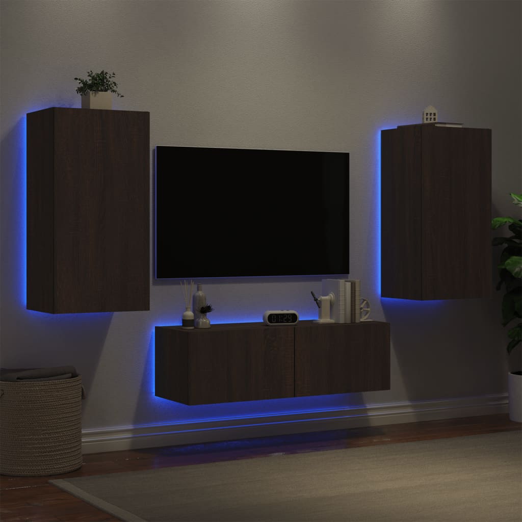 Comode Tv De Perete Cu Lumini Led, 3 Piese, Stejar Maro
