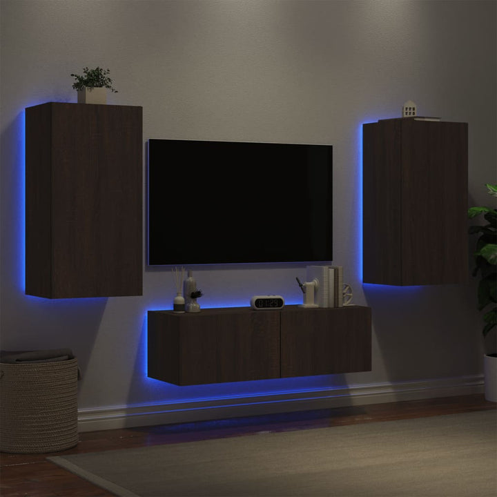 Comode Tv De Perete Cu Lumini Led, 3 Piese, Stejar Maro