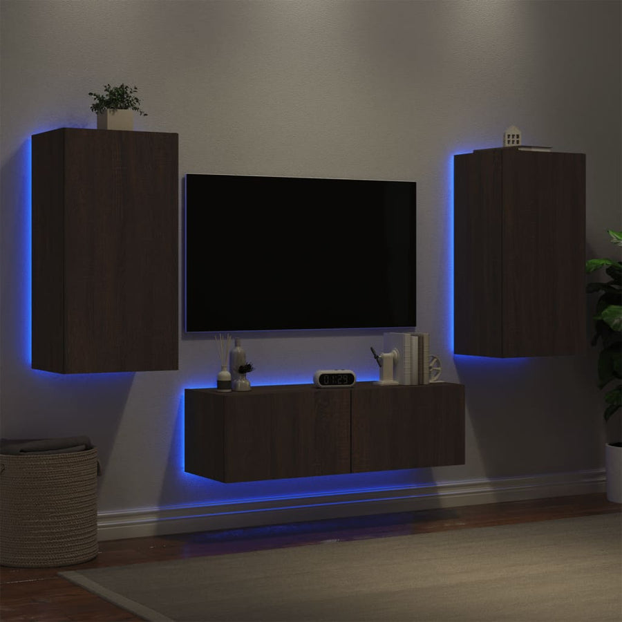 Comode Tv De Perete Cu Lumini Led, 3 Piese, Stejar Maro