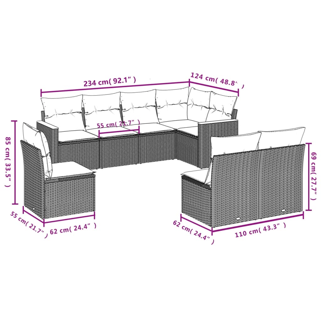 Set Mobilier De Grădină Cu Perne, 8 Piese, , Poliratan