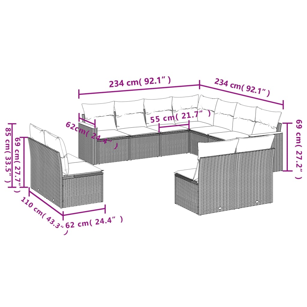 Set Canapele De Grădină Cu Perne, 11 Piese, , Poliratan