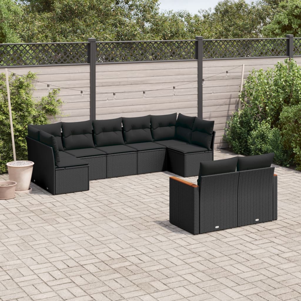 Set Canapele De Grădină Cu Perne, 10 Piese, Negru, Poliratan