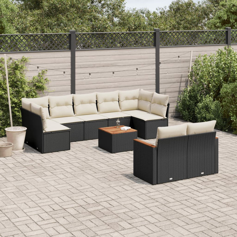 Set Canapele De Grădină Cu Perne, 10 Piese, Negru, Poliratan