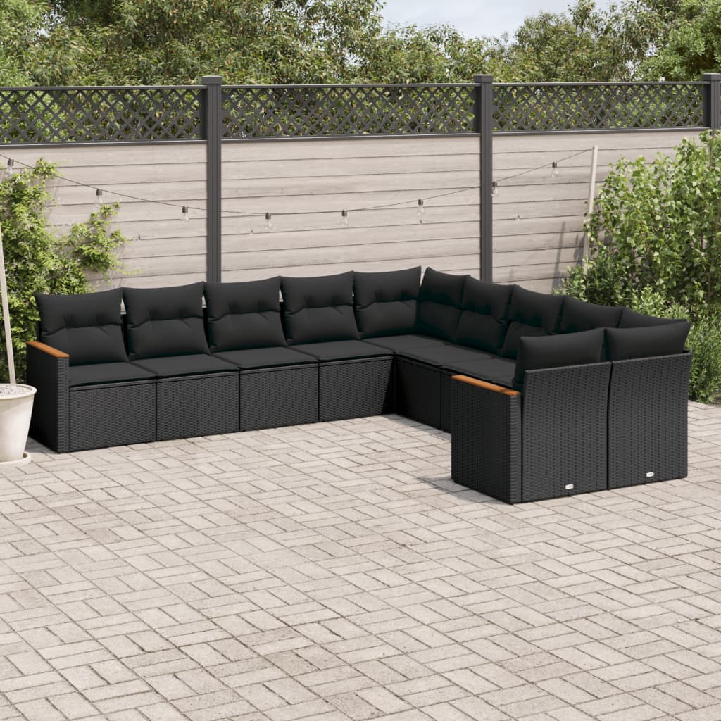 Set Canapele De Grădină Cu Perne, 10 Piese, Negru, Poliratan