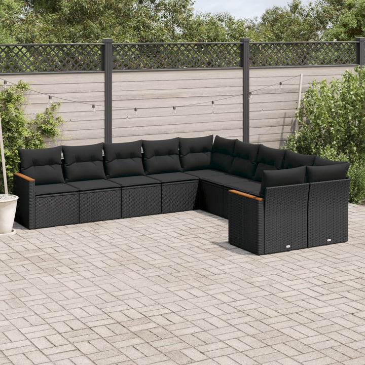 Set Canapele De Grădină Cu Perne, 10 Piese, Negru, Poliratan