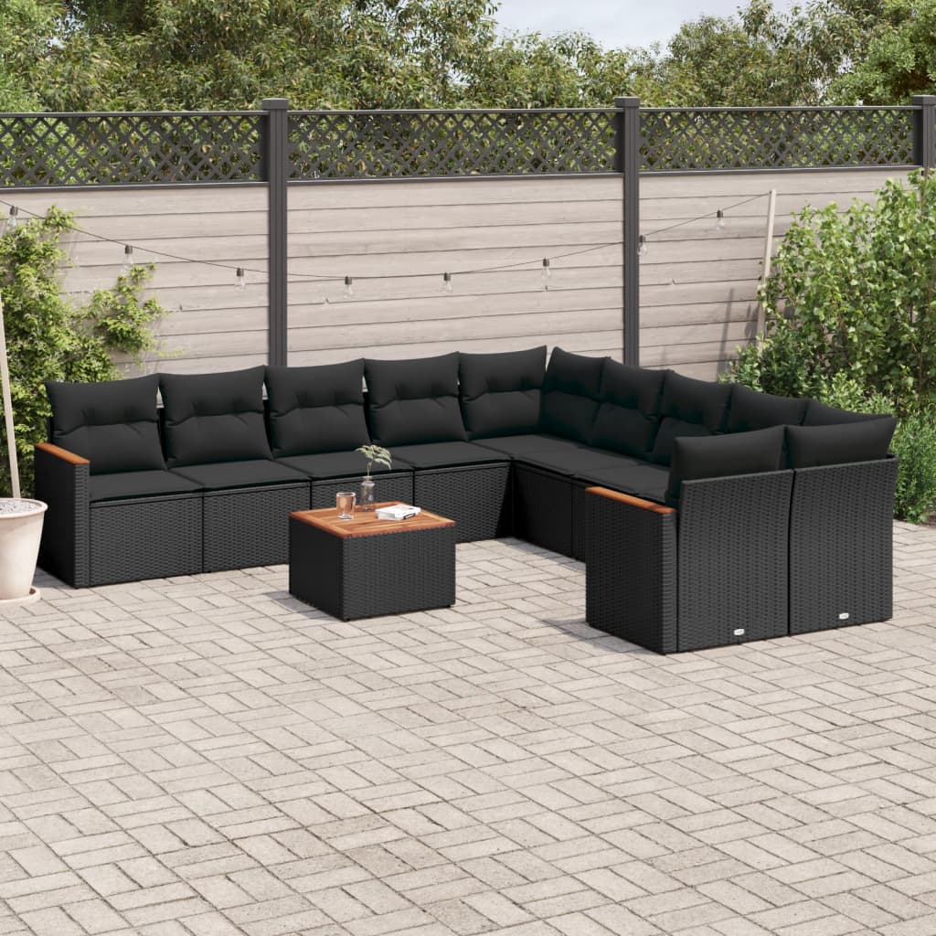 Set Canapele De Grădină Cu Perne, 10 Piese, Negru, Poliratan