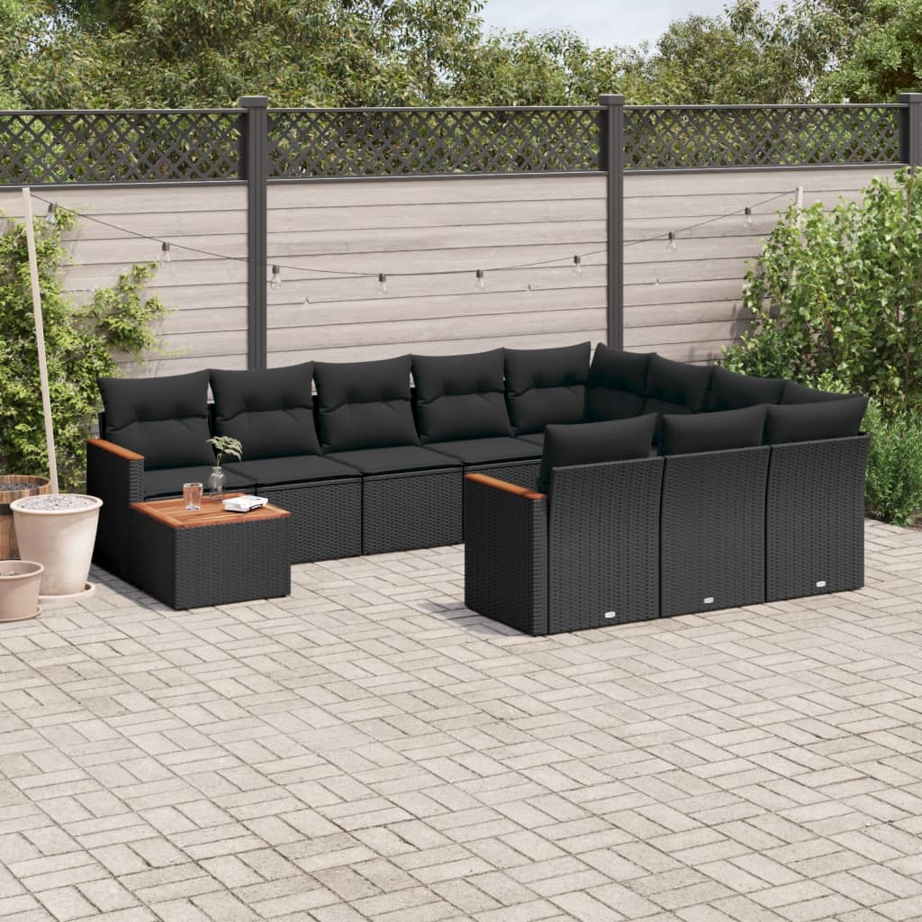 Set Canapele De Grădină Cu Perne, 11 Piese, Negru, Poliratan