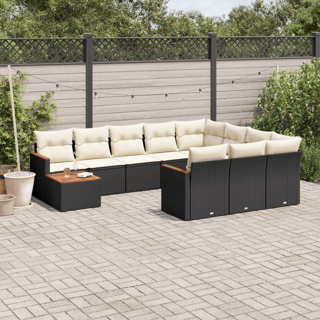 Set Canapele De Grădină Cu Perne, 11 Piese, Negru, Poliratan