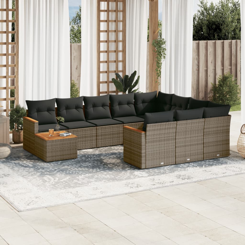 Set Canapele De Grădină Cu Perne, 11 Piese, Negru, Poliratan