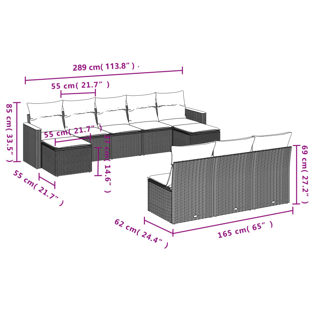 Set Canapele De Grădină Cu Perne, 10 Piese, Negru, Poliratan