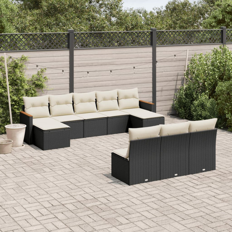 Set Canapele De Grădină Cu Perne, 10 Piese, Negru, Poliratan