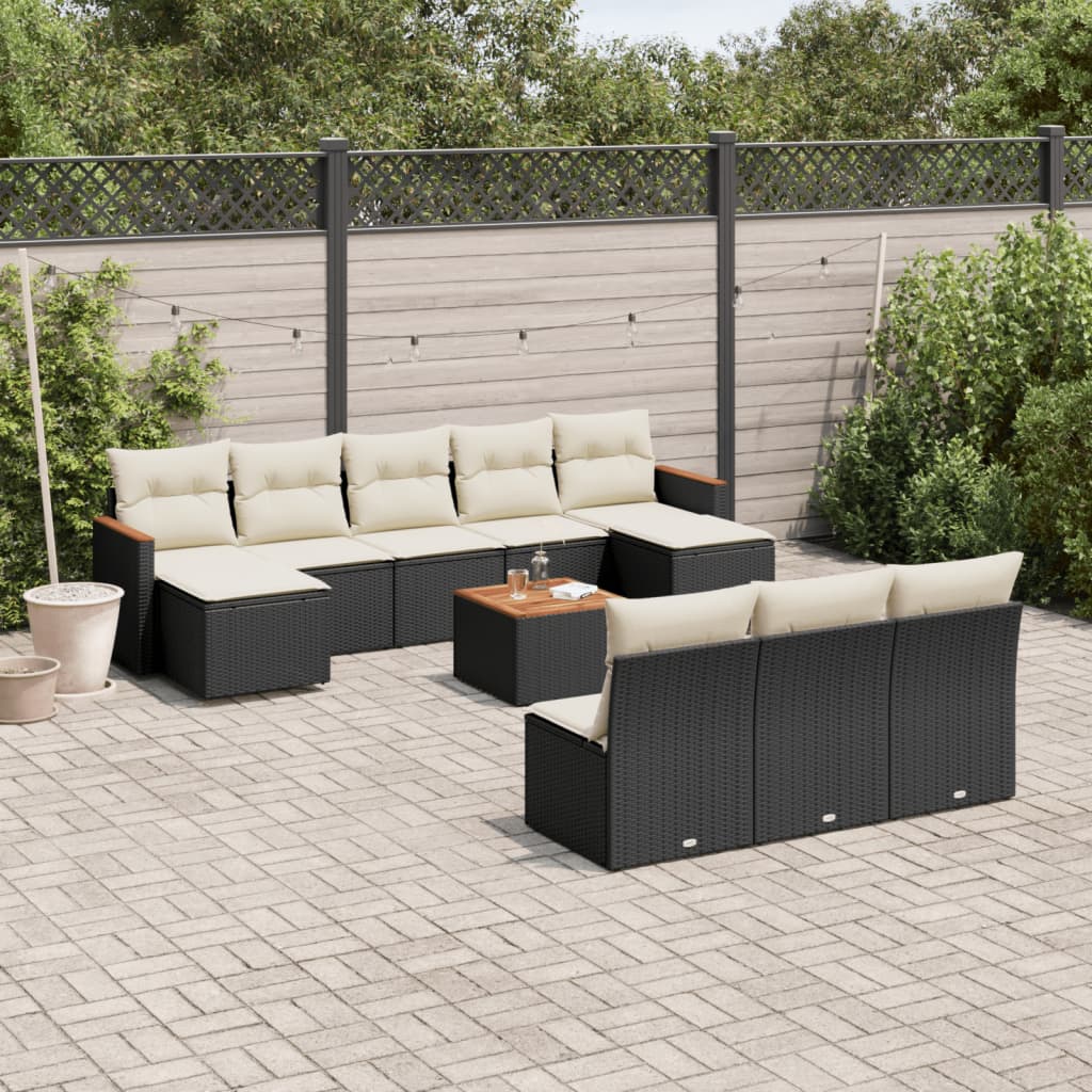 Set Canapele De Grădină Cu Perne, 10 Piese, Negru, Poliratan