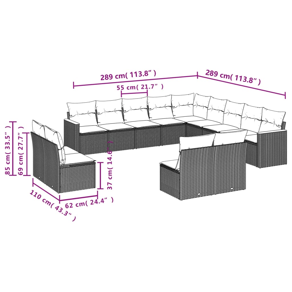 Set Mobilier De Grădină Cu Perne, 13 Piese, Negru, Poliratan