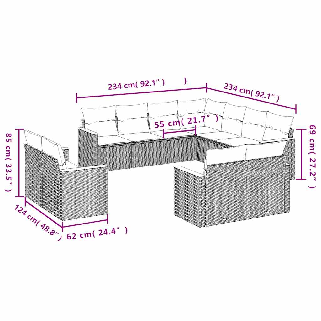 Set Canapele De Grădină Cu Perne, 11 Piese, Negru, Poliratan