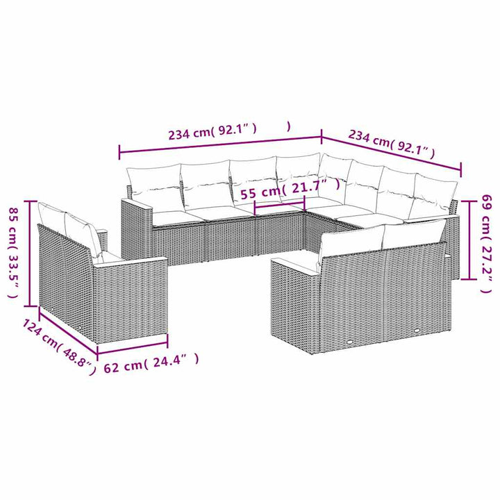 Set Canapele De Grădină Cu Perne, 11 Piese, Negru, Poliratan