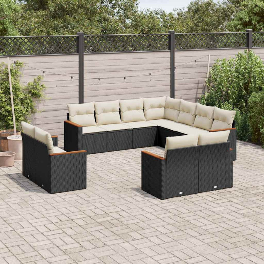 Set Canapele De Grădină Cu Perne, 11 Piese, Negru, Poliratan