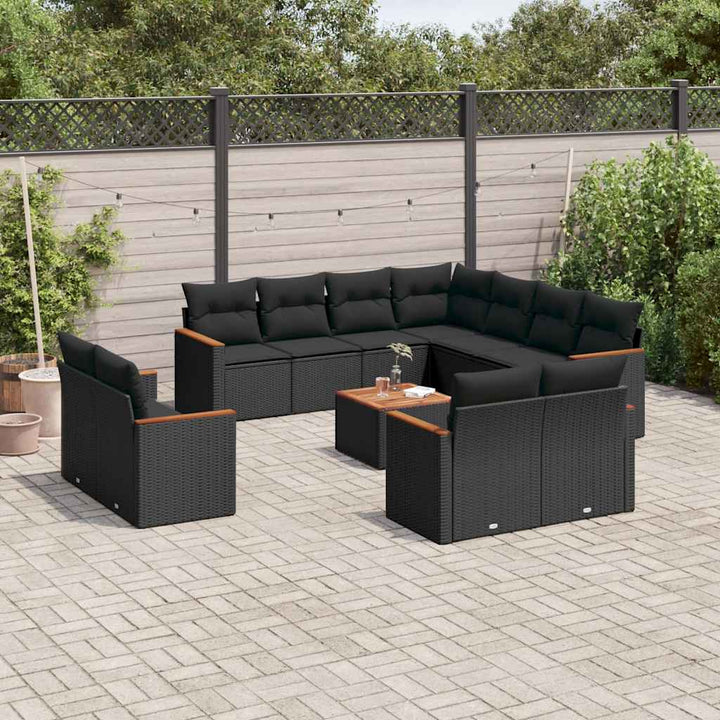 Set Canapele De Grădină Cu Perne, 11 Piese, Negru, Poliratan